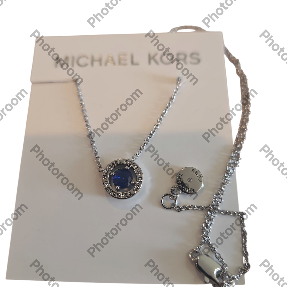 Michael Kors Woman Silver Tone Pave Necklace with Blue Stone